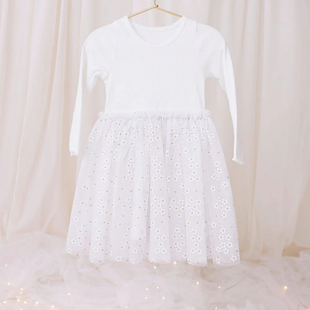 Ribbed Tulle Dress White Daisies