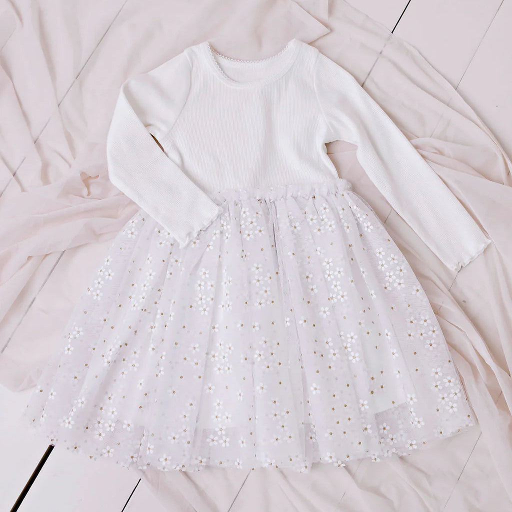 Ribbed Tulle Dress White Daisies