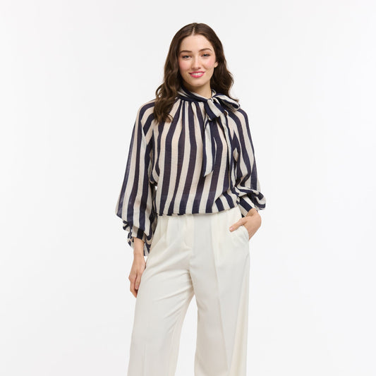 Kaye Striped Bow Neck Blouse - Blue