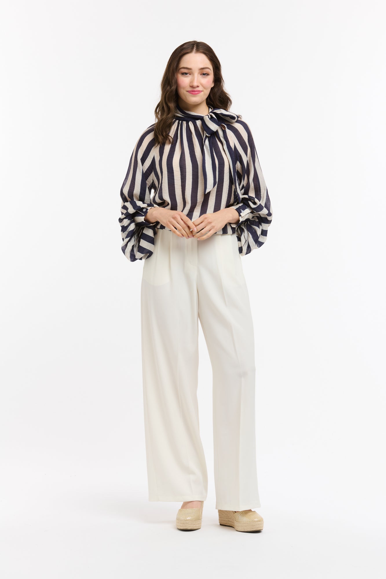 Kaye Striped Bow Neck Blouse - Blue