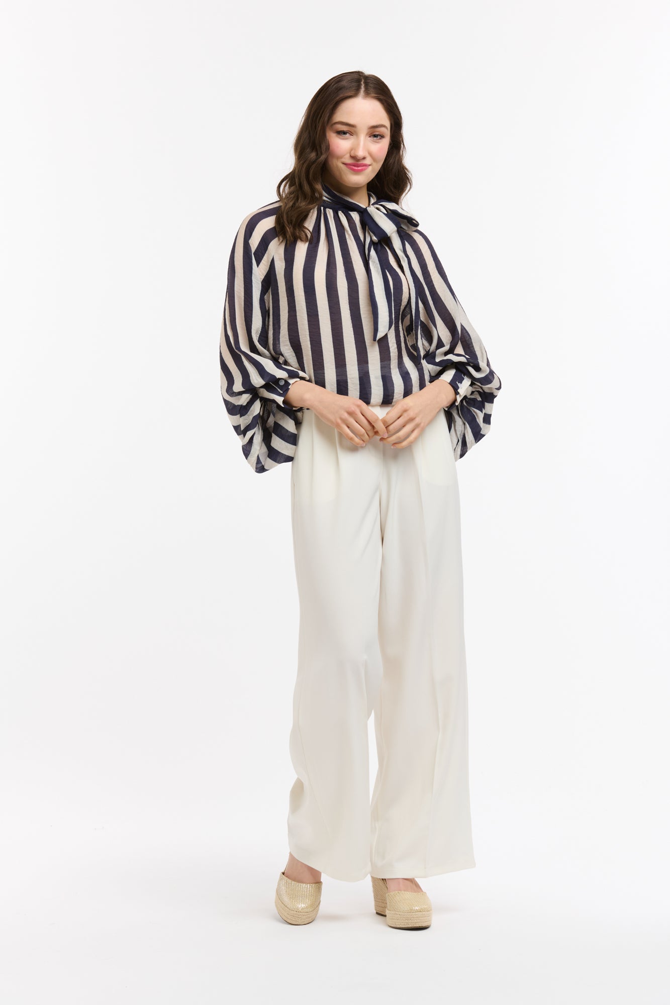 Kaye Striped Bow Neck Blouse - Blue