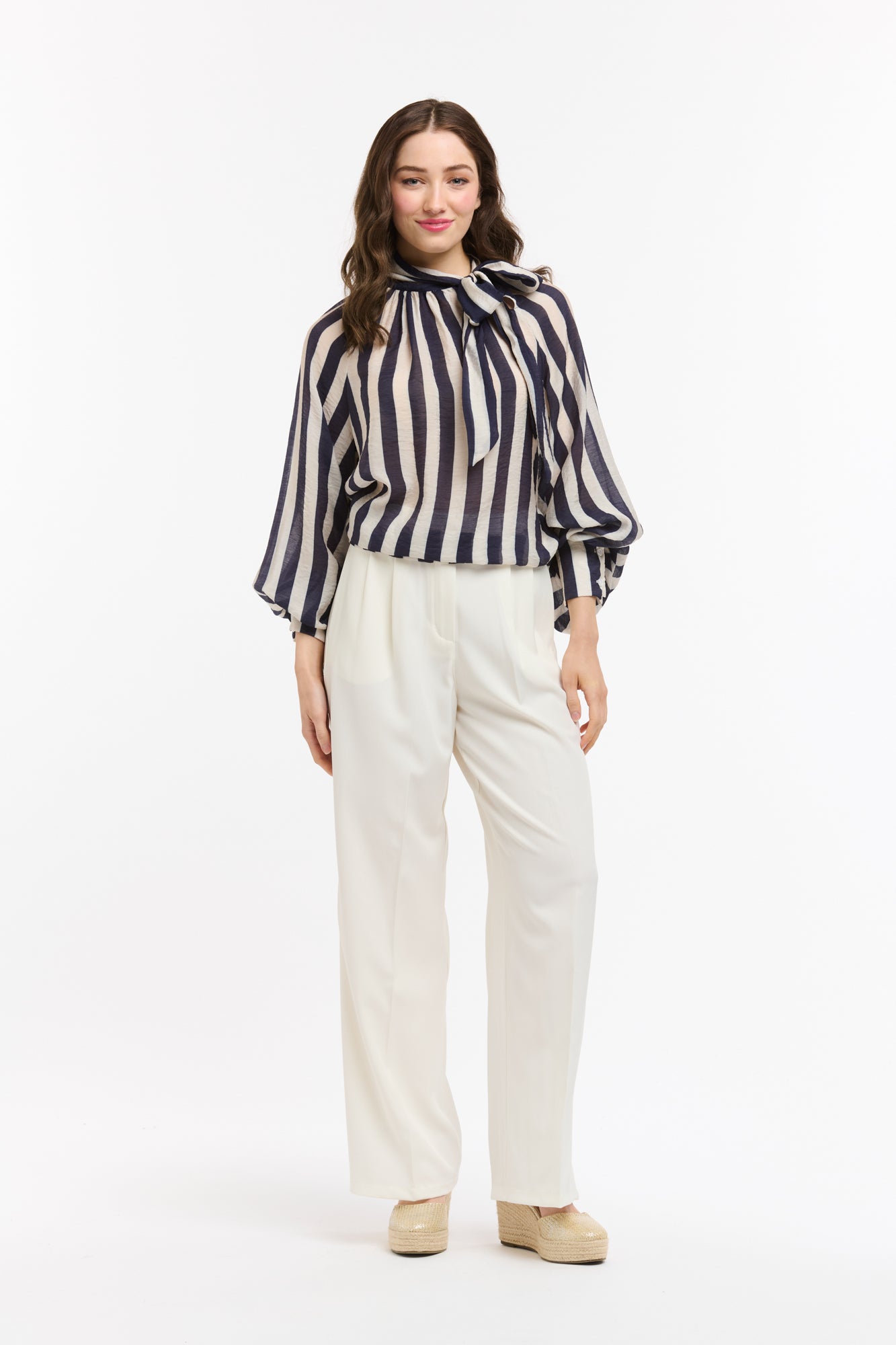 Kaye Striped Bow Neck Blouse - Blue