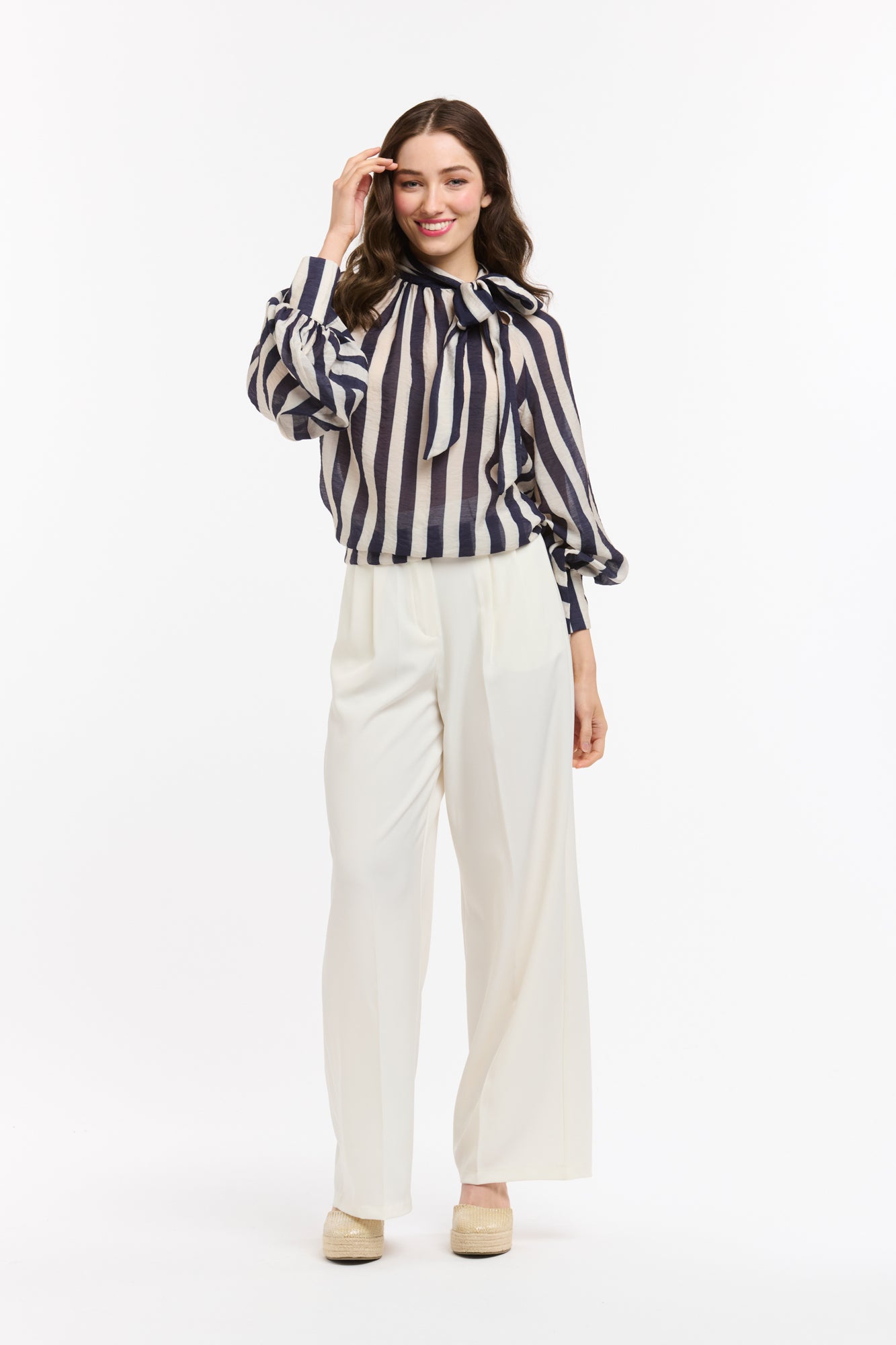 Kaye Striped Bow Neck Blouse - Blue