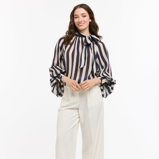 Kaye Striped Bow Neck Blouse - Blue