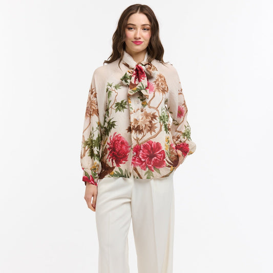 Tasha Flowers Bow Neck Shirt - Beige