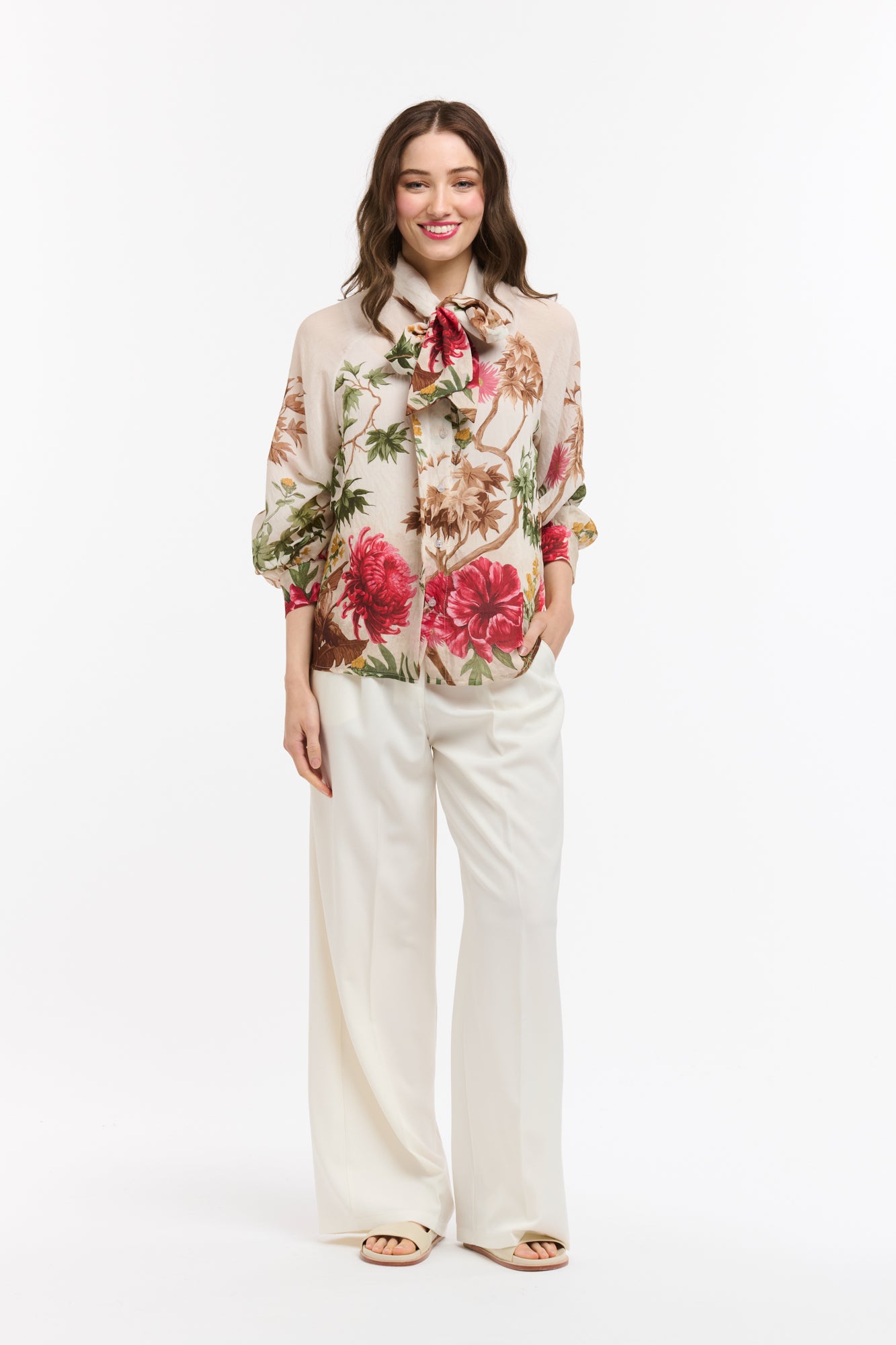 Tasha Flowers Bow Neck Shirt - Beige