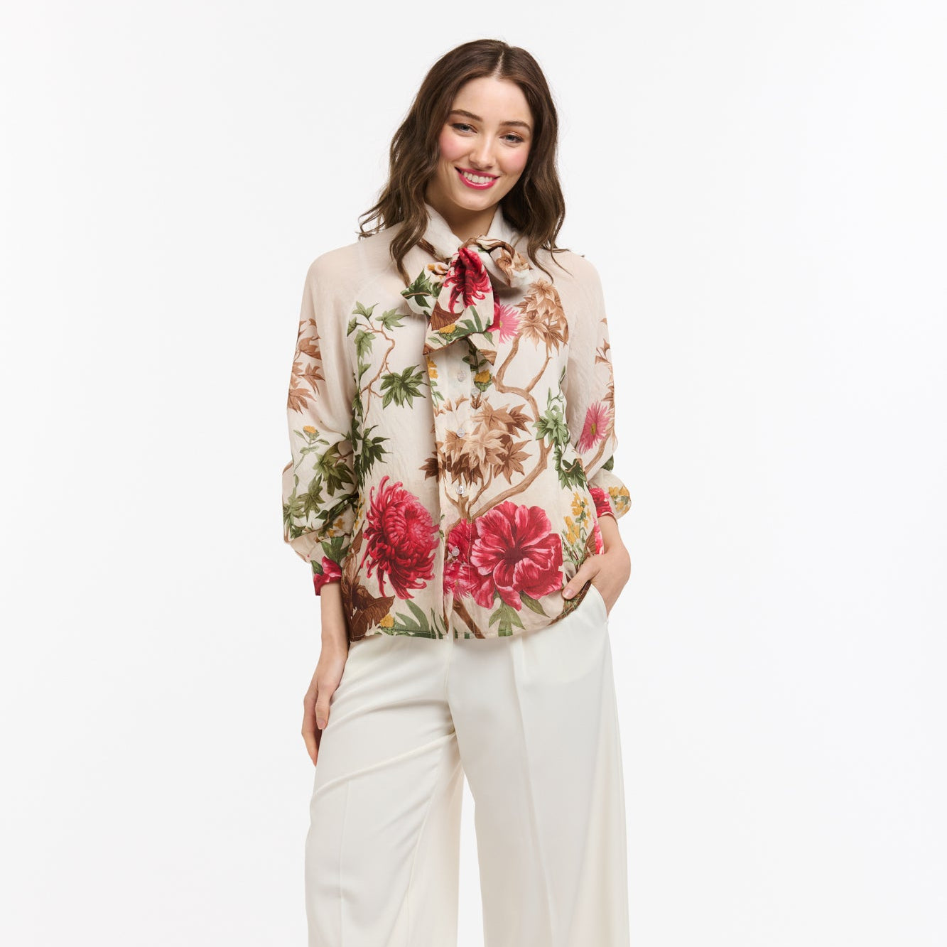 Tasha Flowers Bow Neck Shirt - Beige