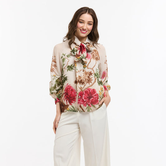 Tasha Flowers Bow Neck Shirt - Beige
