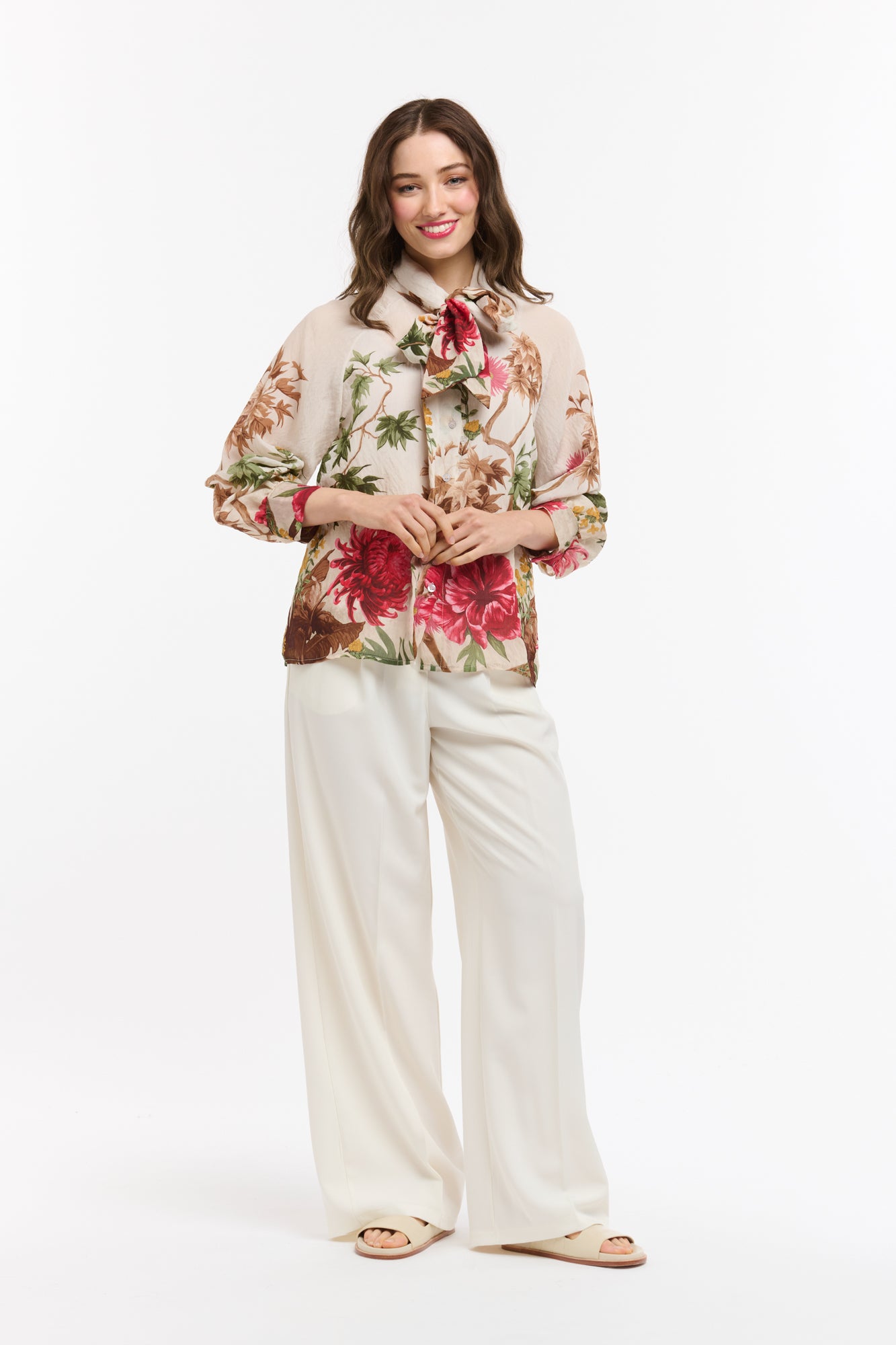 Tasha Flowers Bow Neck Shirt - Beige
