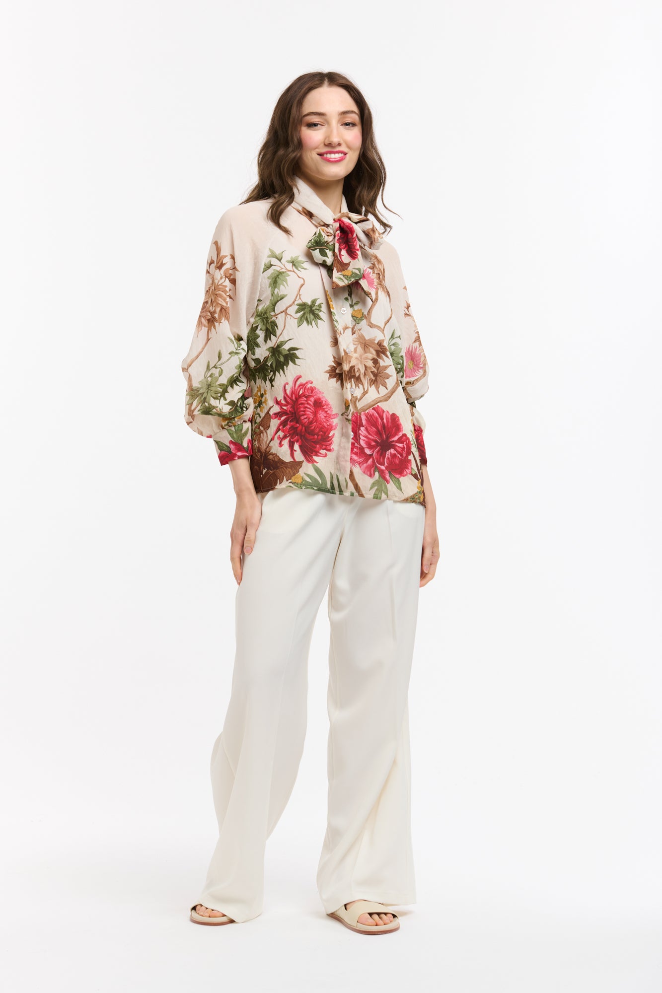 Tasha Flowers Bow Neck Shirt - Beige