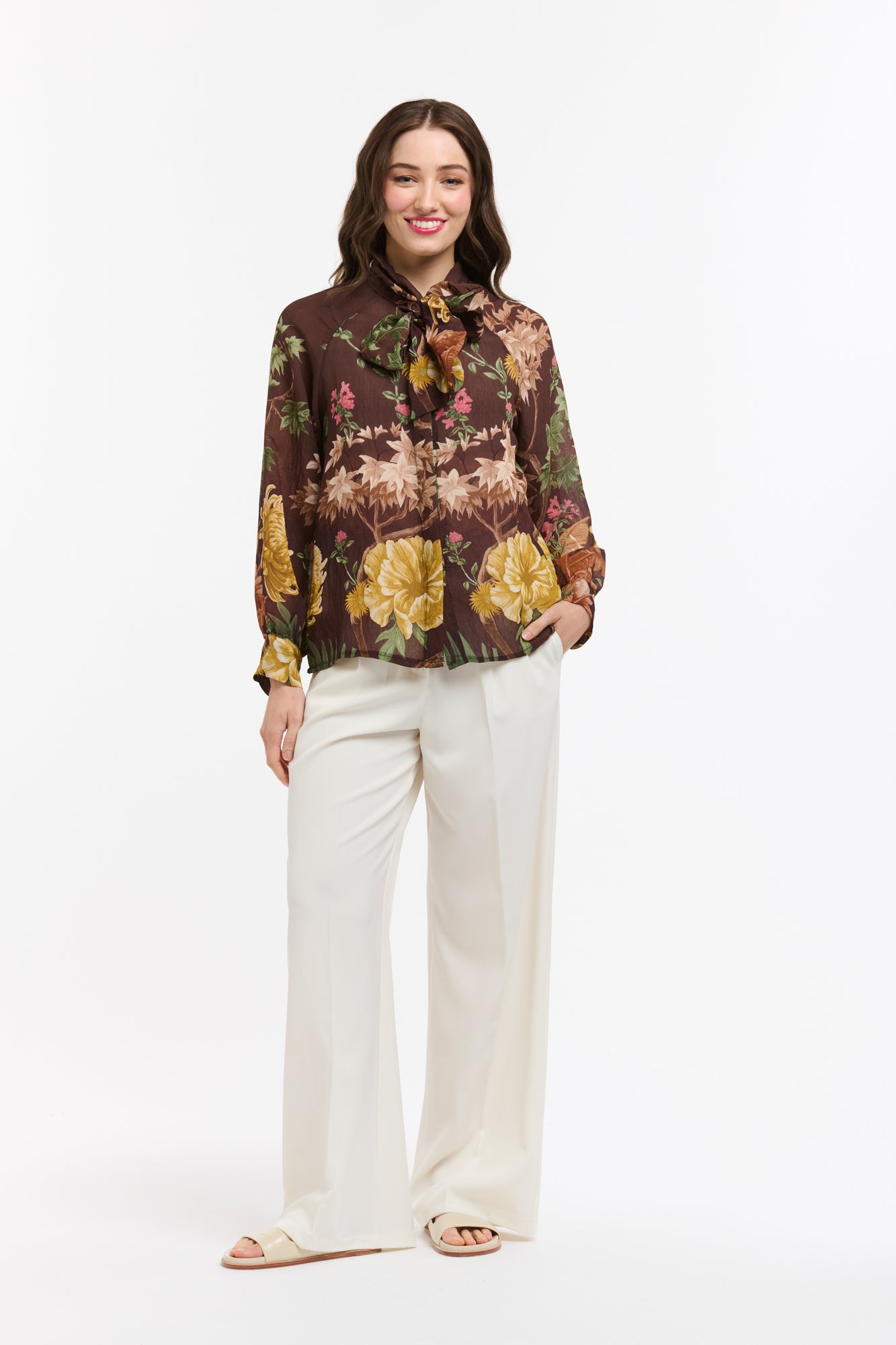 Tasha Flowers Bow Neck Shirt - Brown