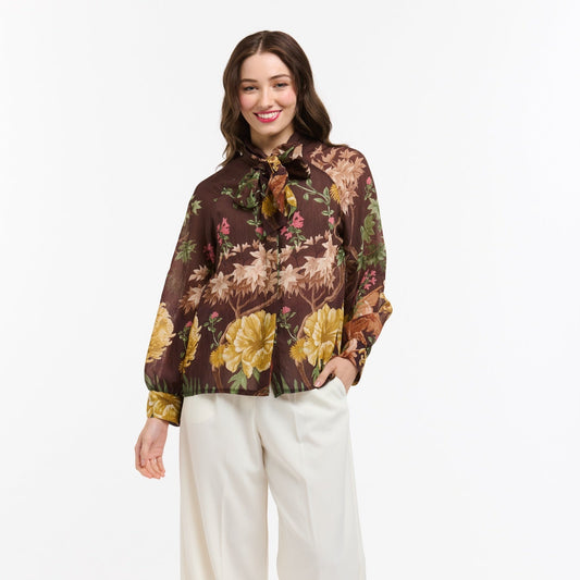 Tasha Flowers Bow Neck Shirt - Brown