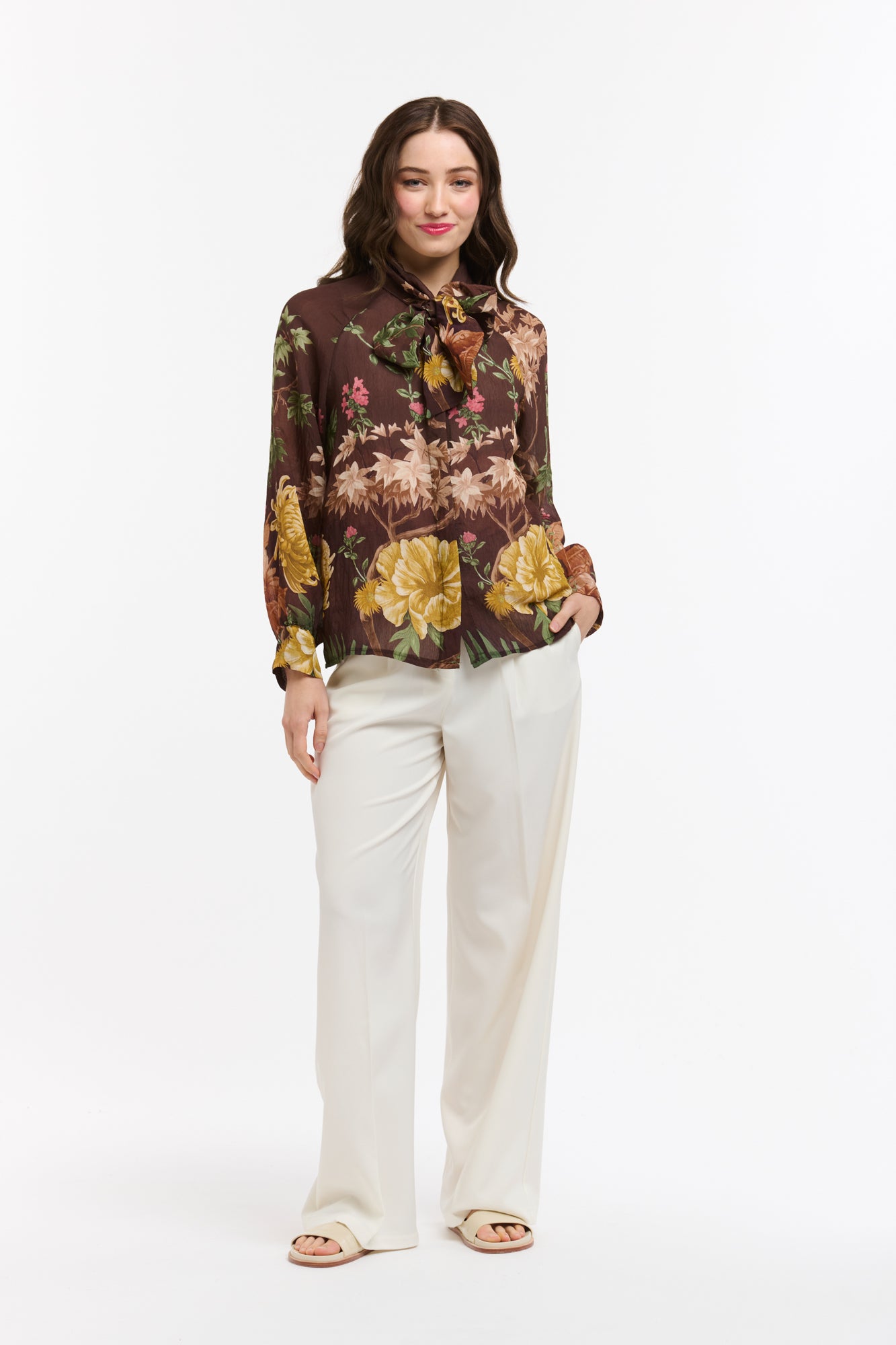 Tasha Flowers Bow Neck Shirt - Brown