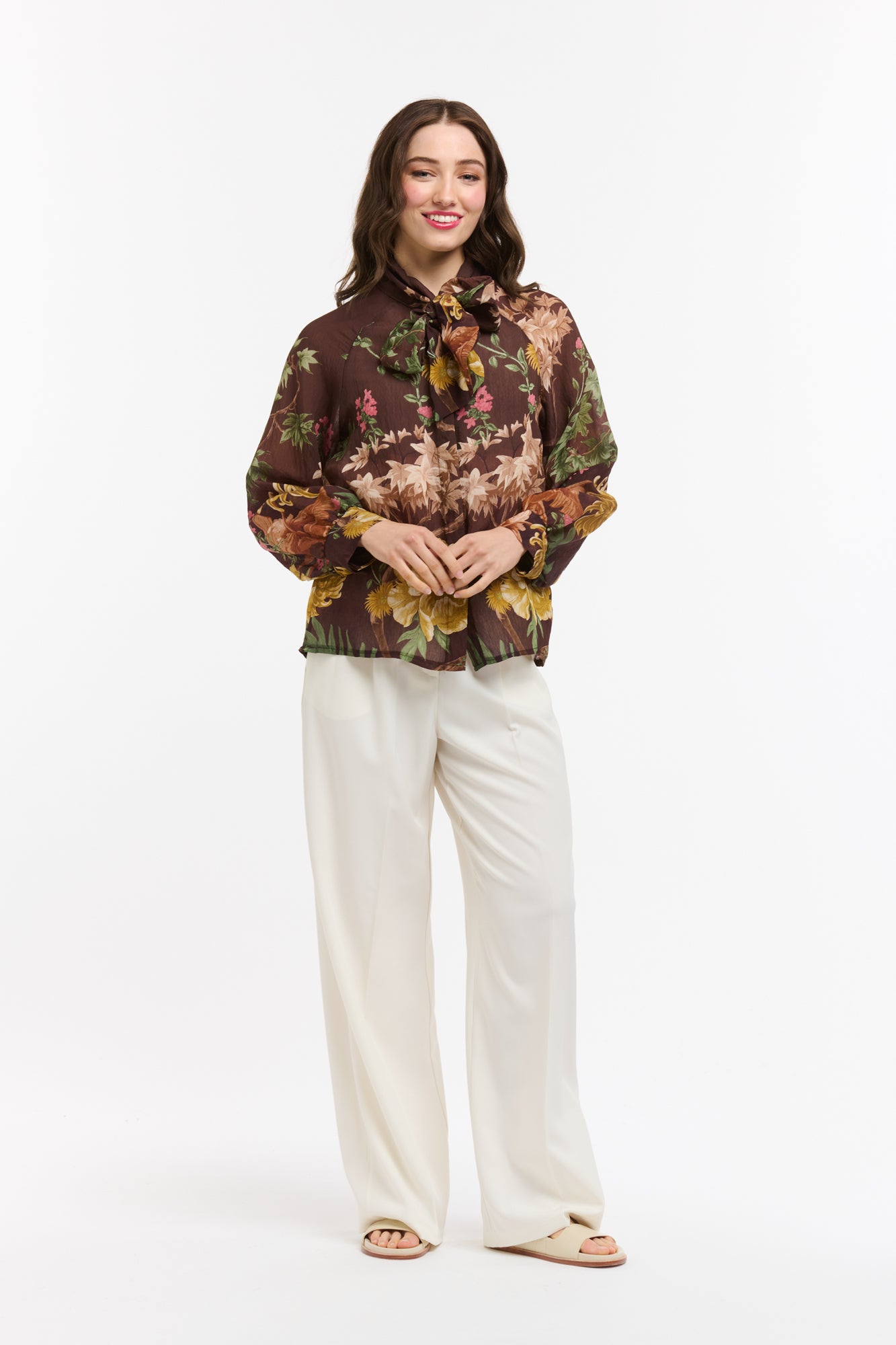 Tasha Flowers Bow Neck Shirt - Brown