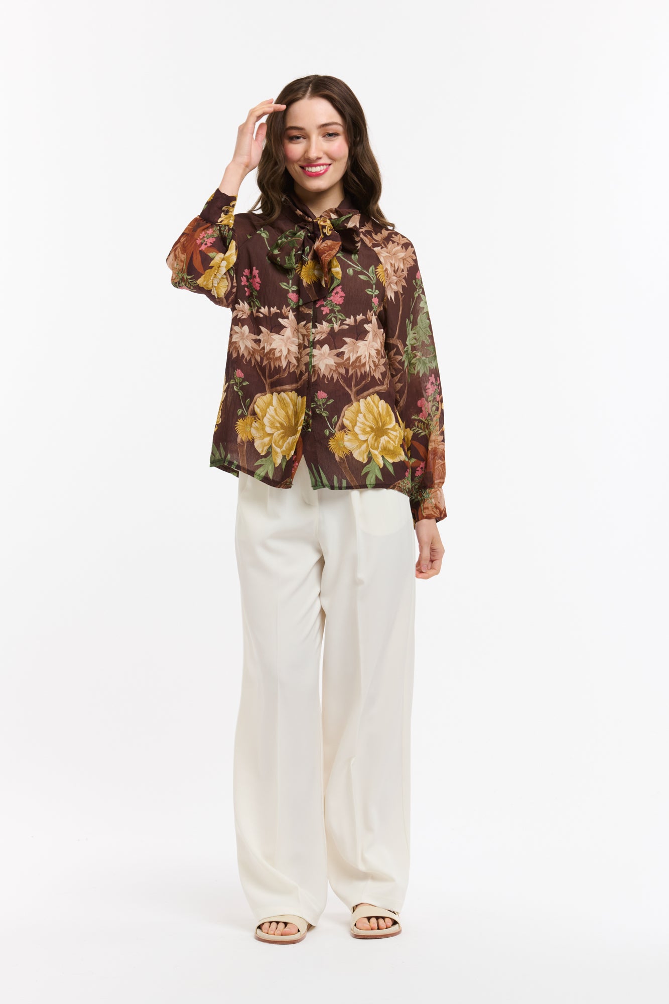 Tasha Flowers Bow Neck Shirt - Brown