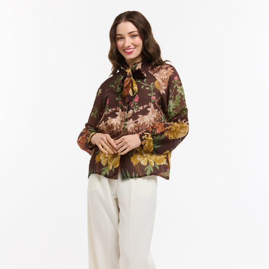 Tasha Flowers Bow Neck Shirt - Brown