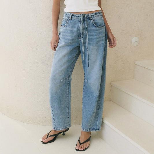 Campus Tie Waist Barrel Jeans - Light Blue