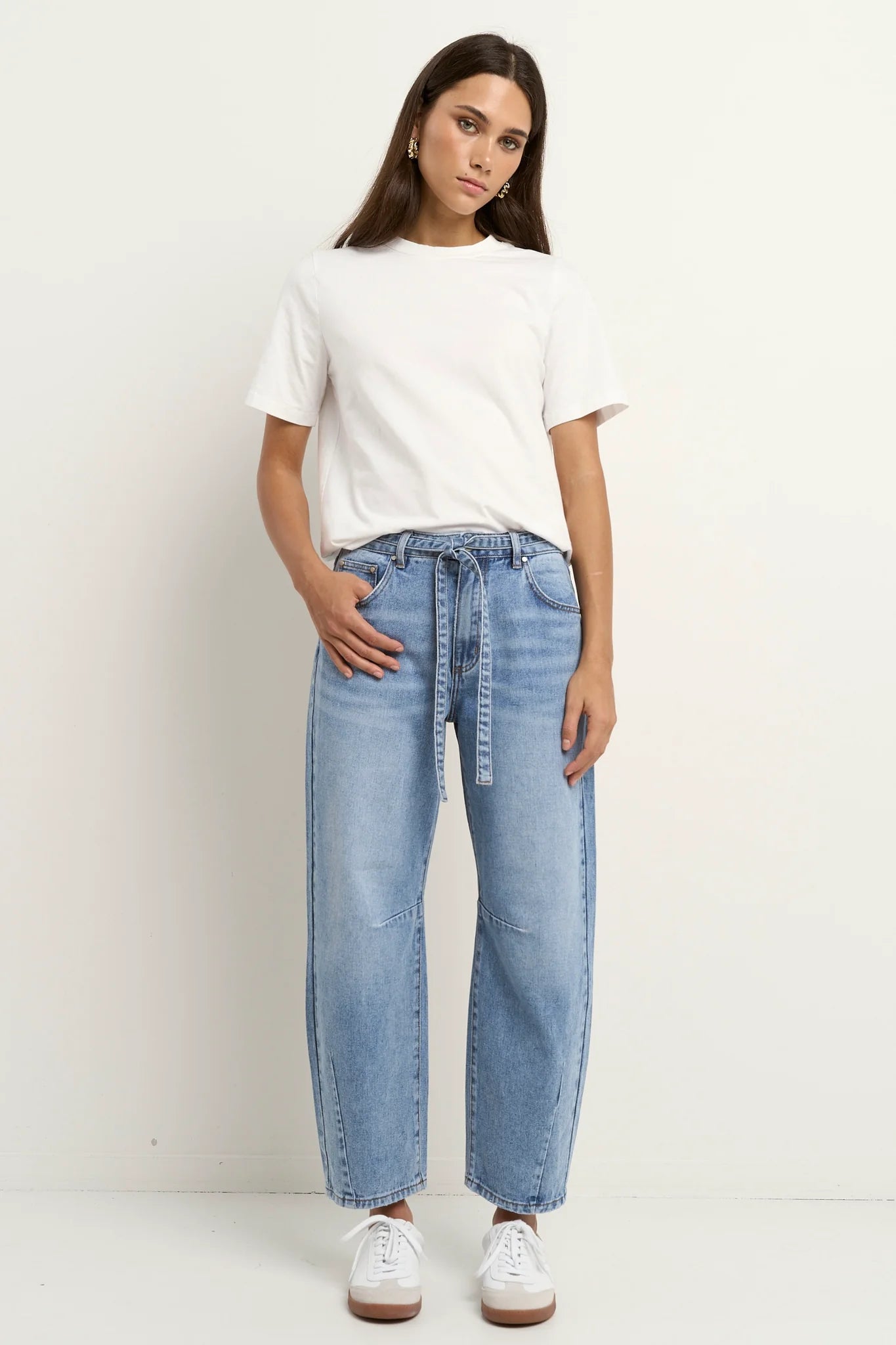 Campus Tie Waist Barrel Jeans - Light Blue
