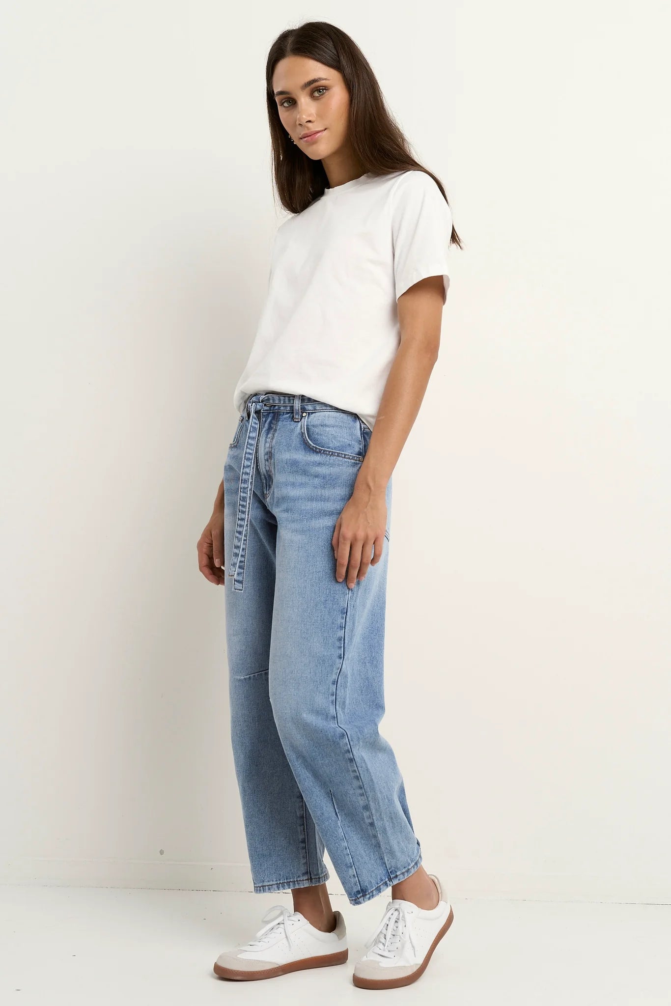 Campus Tie Waist Barrel Jeans - Light Blue