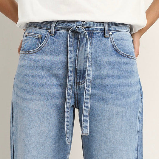 Campus Tie Waist Barrel Jeans - Light Blue