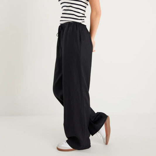 Wellness Black Linen Pull On Wide Leg Pants