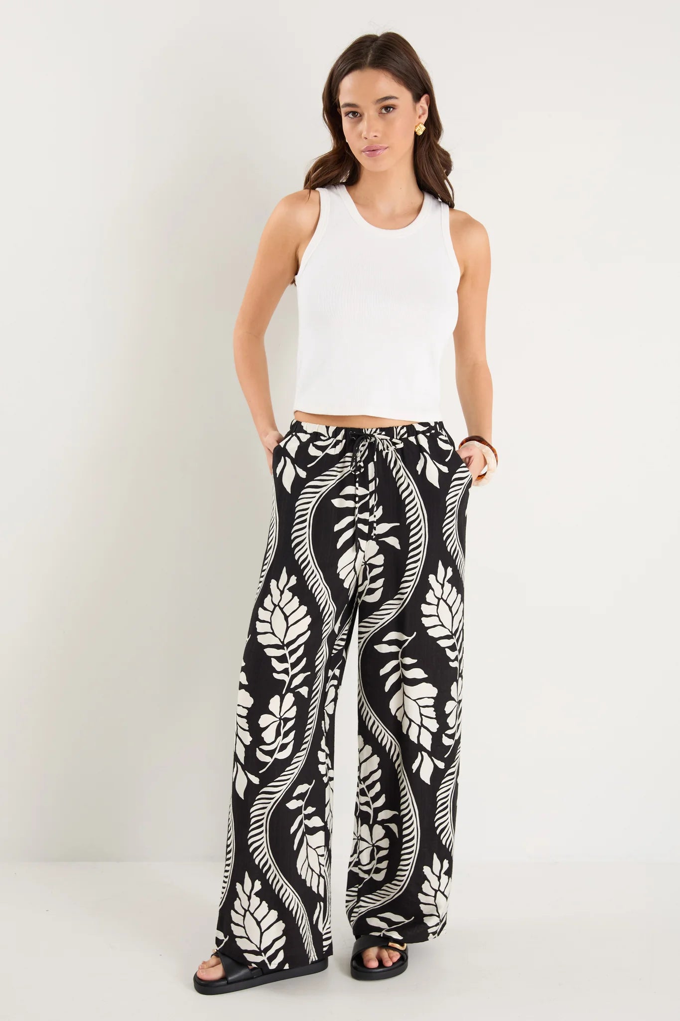 Clever Black Ivory Leaf Drawcord Wide Leg Pants