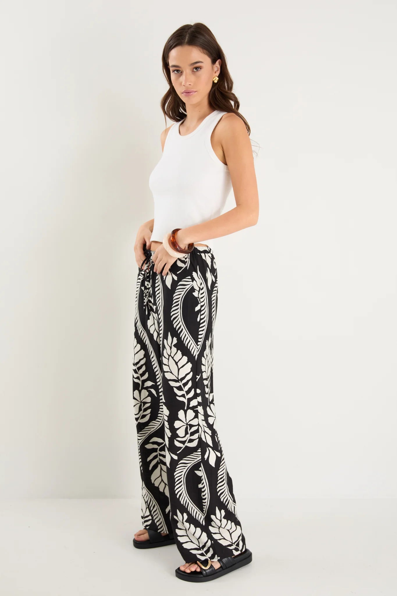 Clever Black Ivory Leaf Drawcord Wide Leg Pants