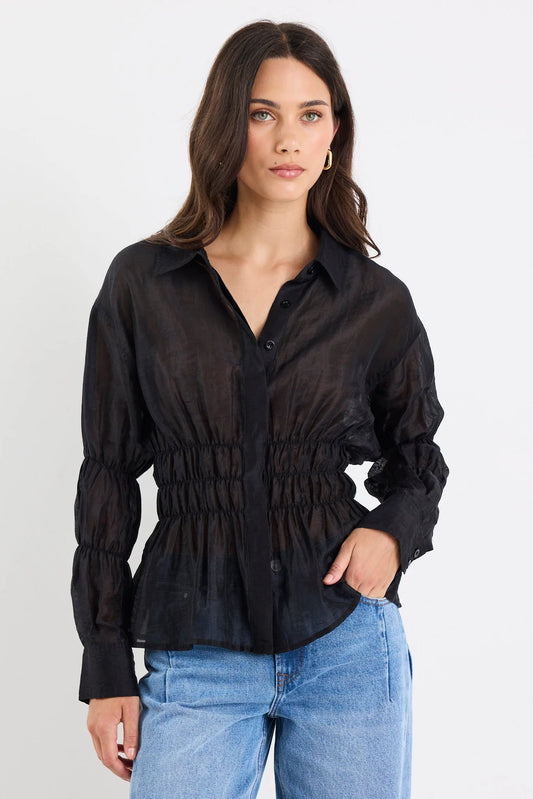 Composite Sheer Shirred Body Shirt - Black