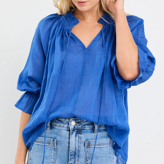 Expedition Blue Shirred Neck Short Sleeve Top