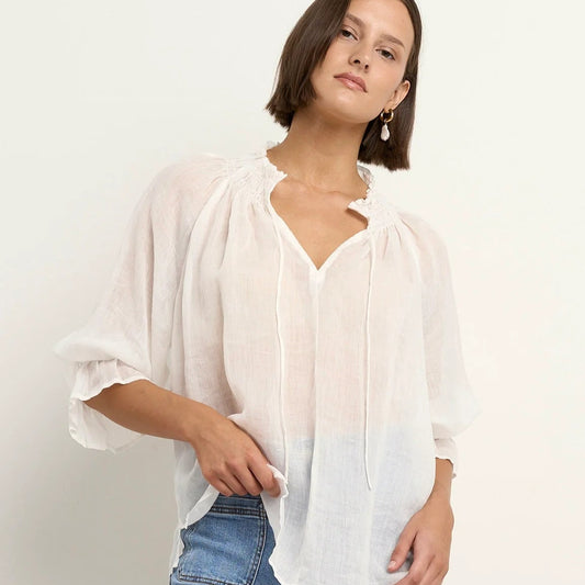 Expedition Ivory Ramie Shirred Neck Short Sleeve Top