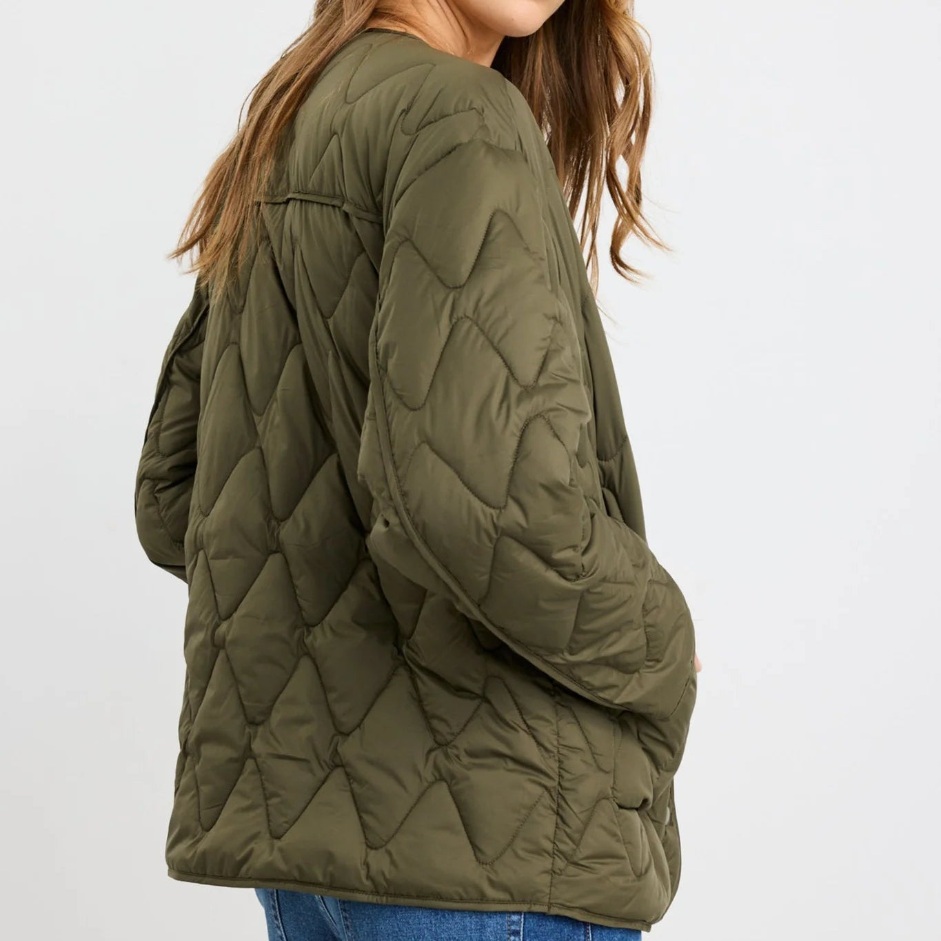 Frankly Khaki Boxy Snap Front Puffer Jacket