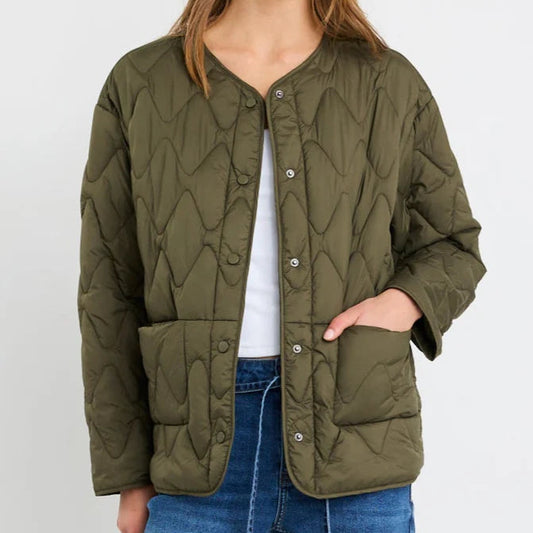 Frankly Khaki Boxy Snap Front Puffer Jacket