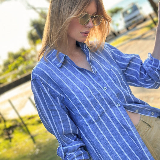 The Boyfriend Linen Shirt - Marine Stripe