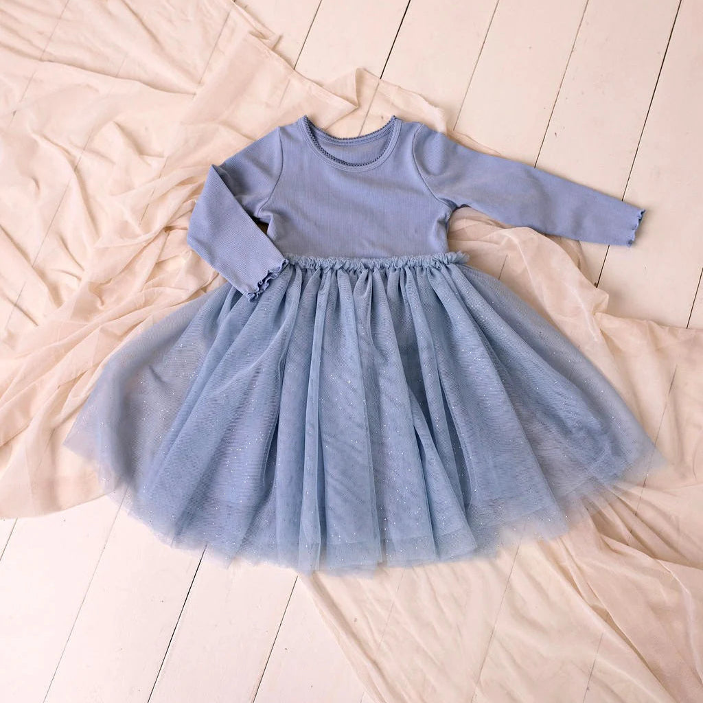 Ribbed Tulle Dress Dusty Blue