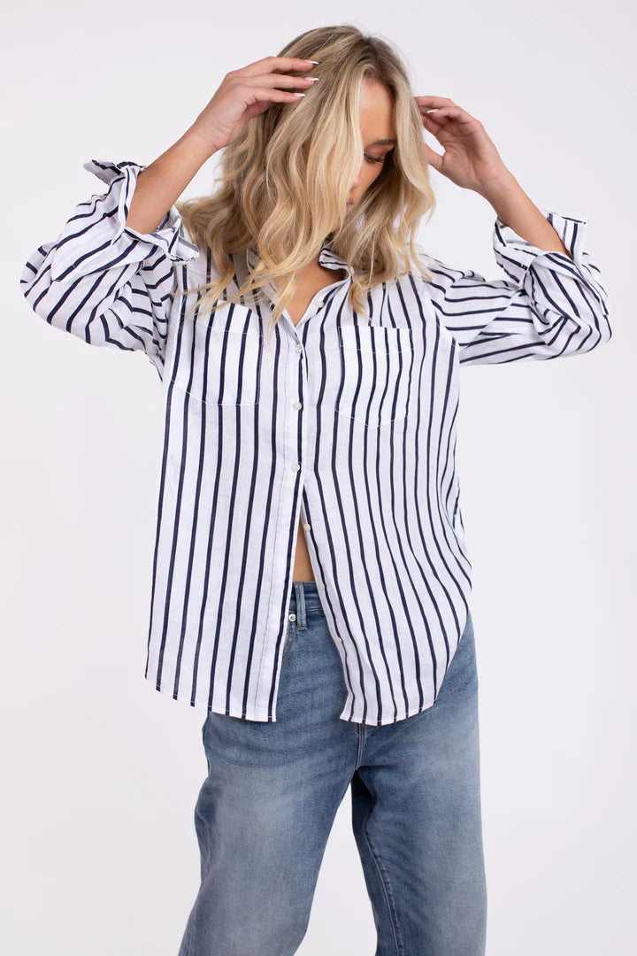 The Boyfriend Linen Shirt -  Navy & White Stripe