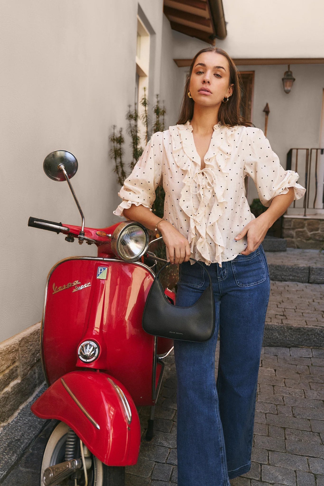 Garnish Cream Black Spot Frill Front Mid Sleeve Top