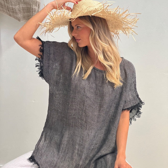 Lucia Fringed Top Black & White Woven