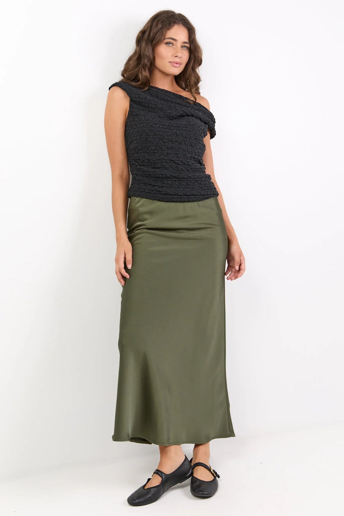 Rosette Satin Bias Cut Maxi Skirt
