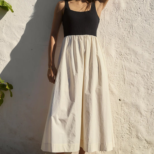 Obsidian Black and Ecru Square Neck Contrast Midi Dress