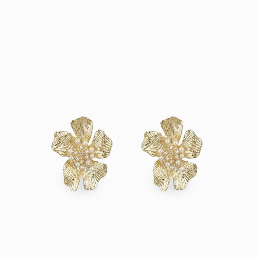 Pearl Centred Flower Studs Gold
