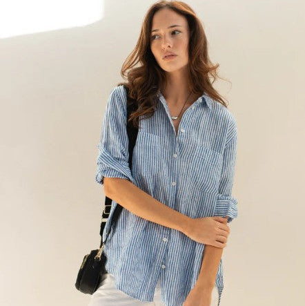 The Boyfriend Linen Shirt - Electric Blue Chambray Stripe
