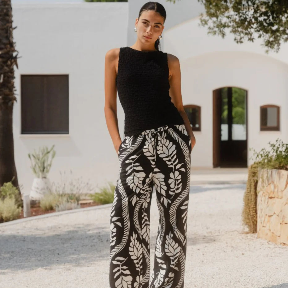 Clever Black Ivory Leaf Drawcord Wide Leg Pants