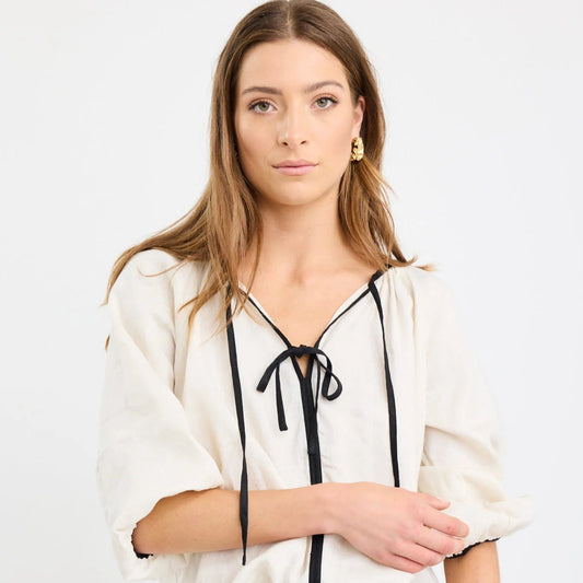 Subliminal Cream Black Trim Linen Relaxed Top