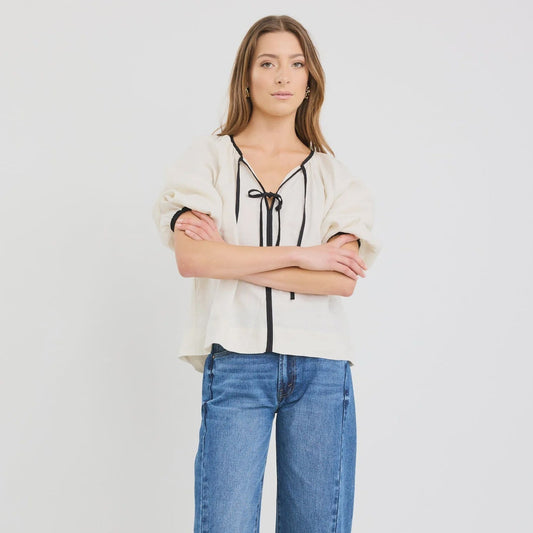 Subliminal Cream Black Trim Linen Relaxed Top