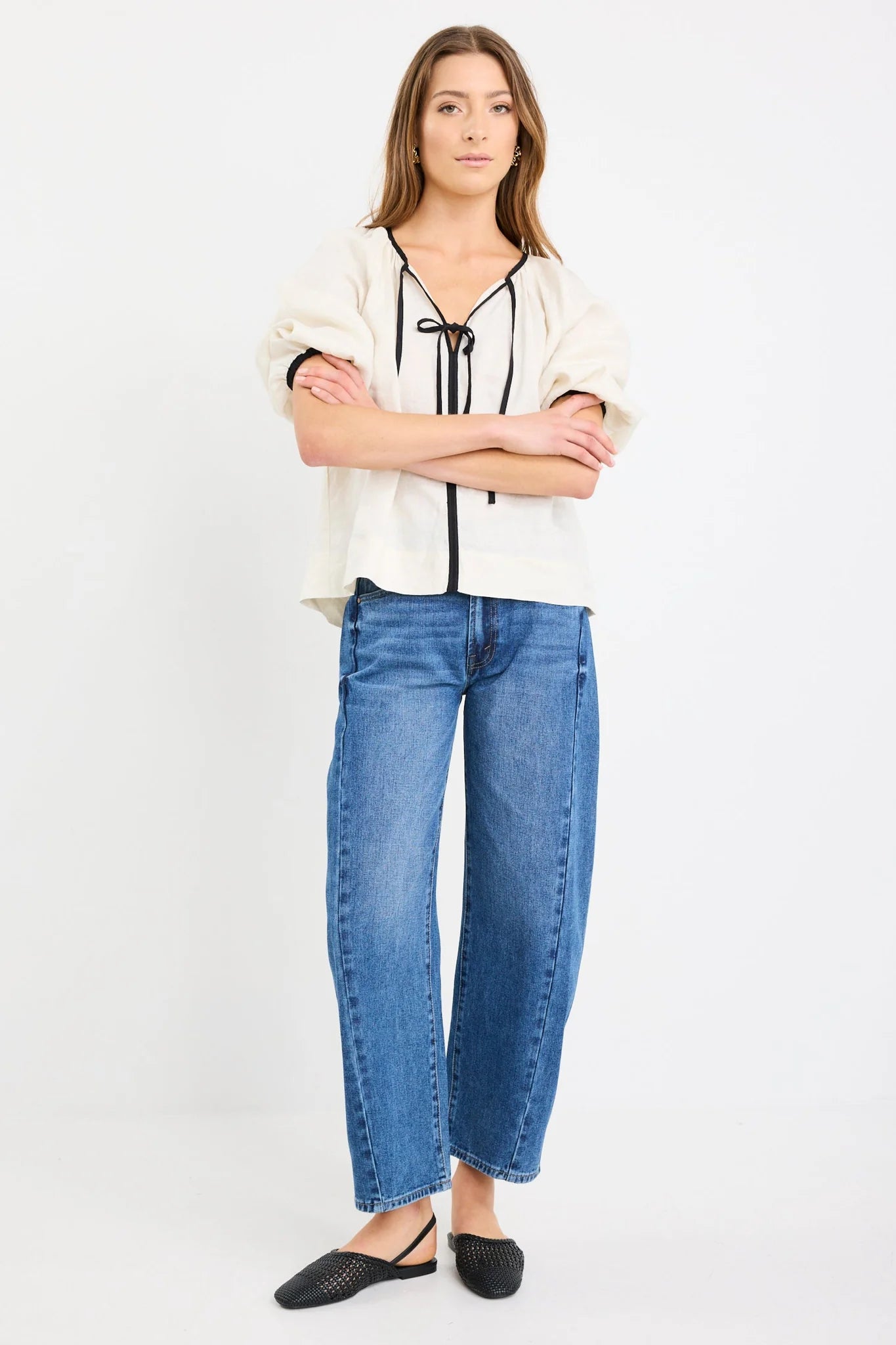 Subliminal Cream Black Trim Linen Relaxed Top