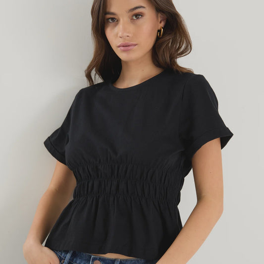 Svelte Black Shirred Detail Short Sleeve Tee