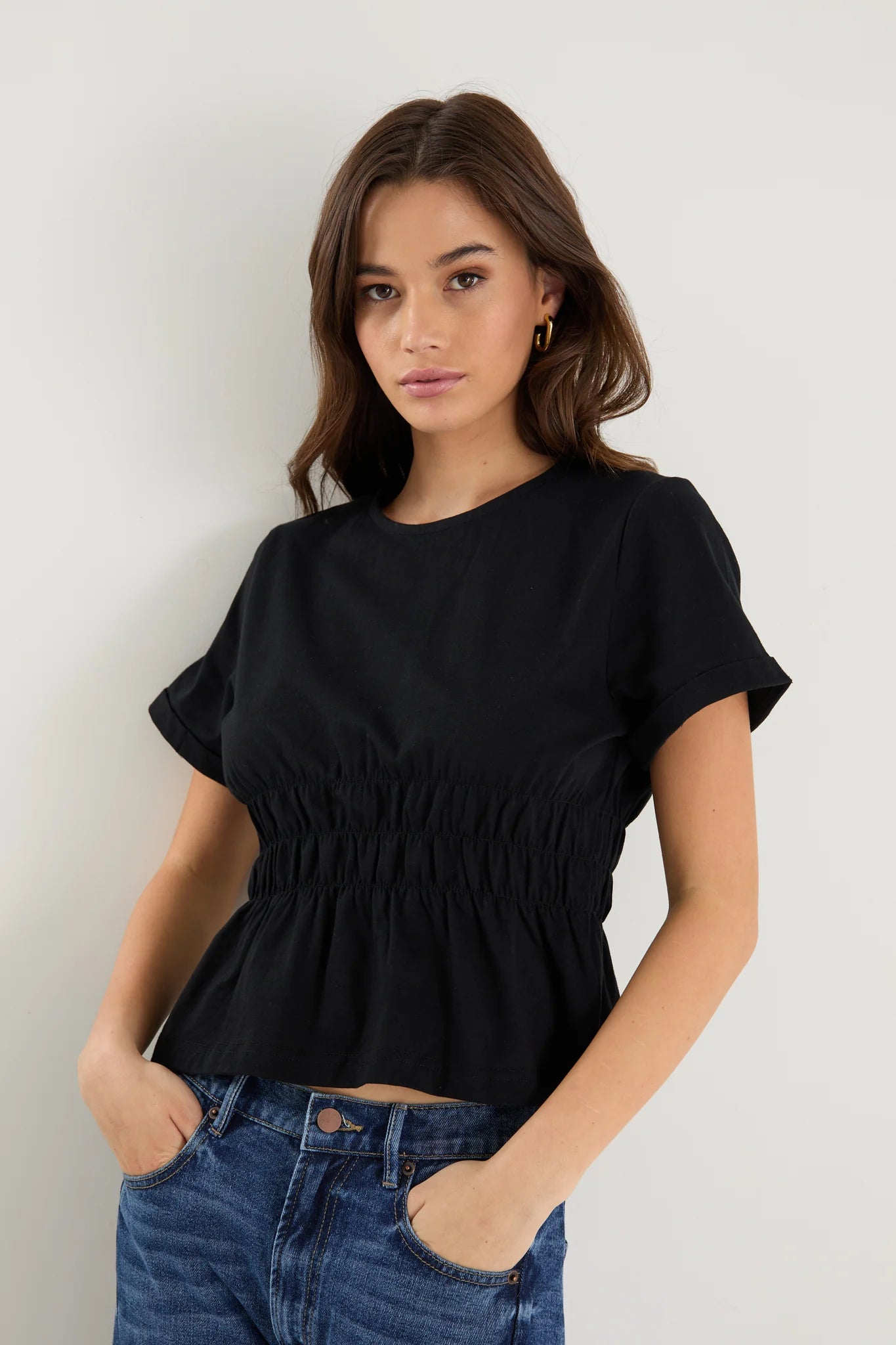 Svelte Black Shirred Detail Short Sleeve Tee