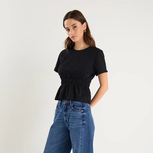 Svelte Black Shirred Detail Short Sleeve Tee