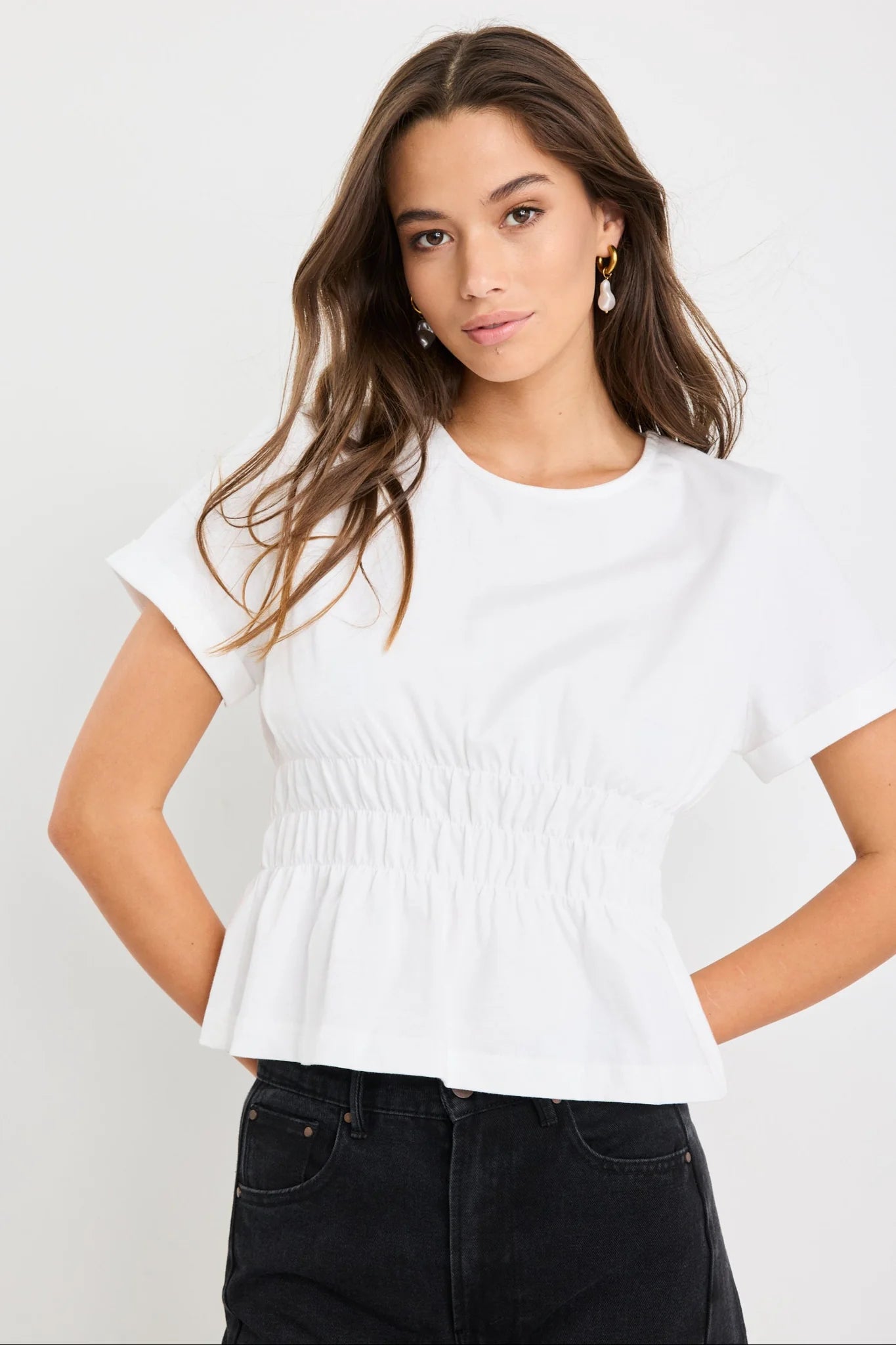Svelte Ivory Shirred Detail Short Sleeve Tee