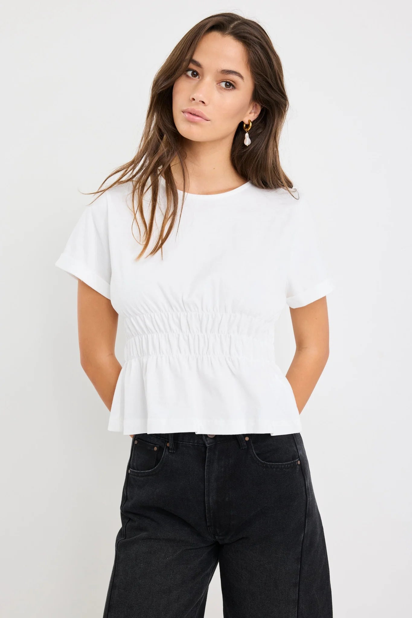 Svelte Ivory Shirred Detail Short Sleeve Tee